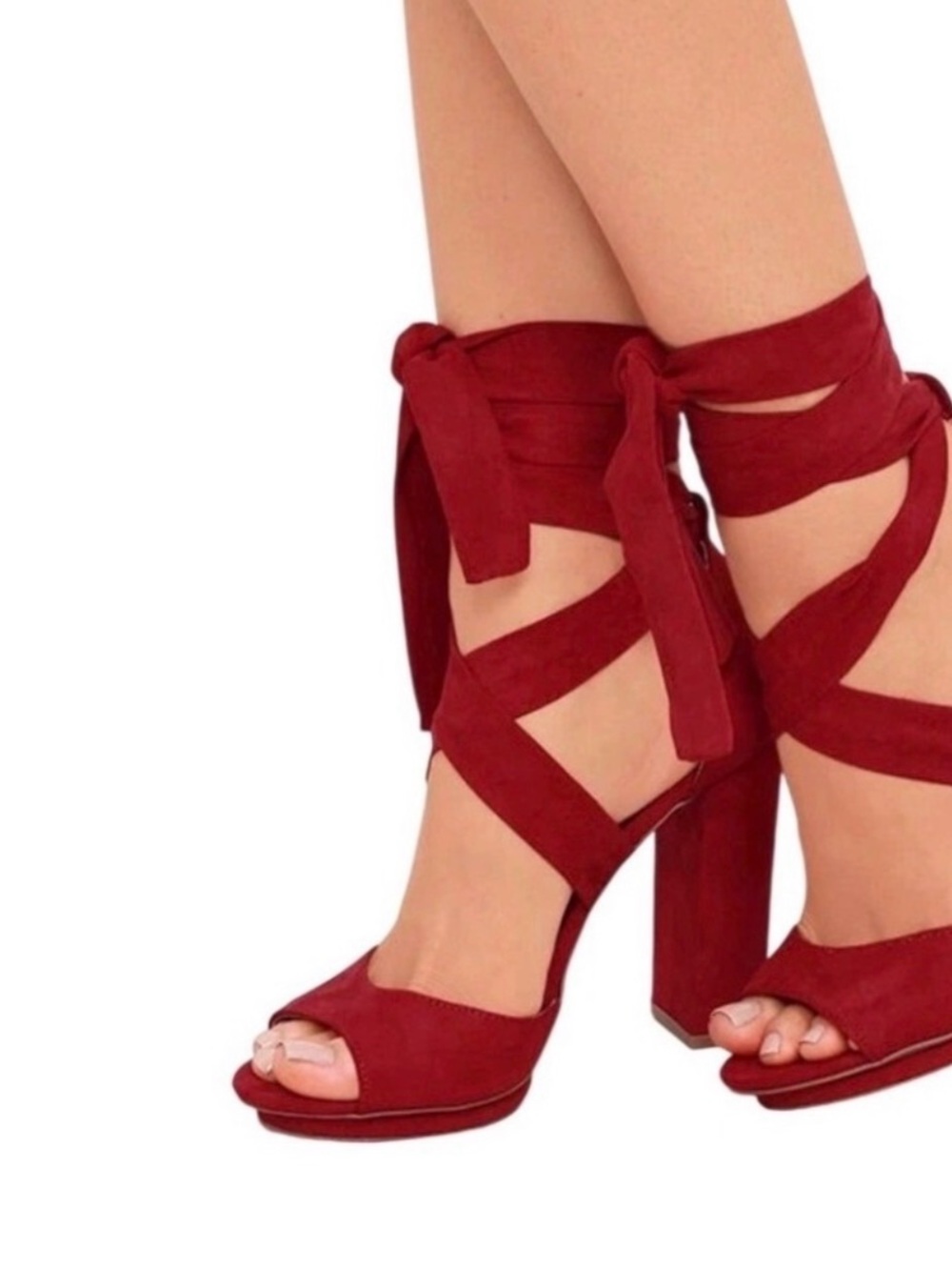 Lulu's Red Suede Block Heel Ankle Tie Sandals